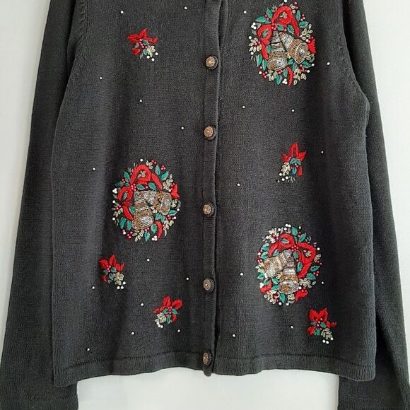 WHITE STAG Vintage Embroidery & Bead Work Christmas Bells Cardigan Sweater Sz XL - Picture 10 of 16
